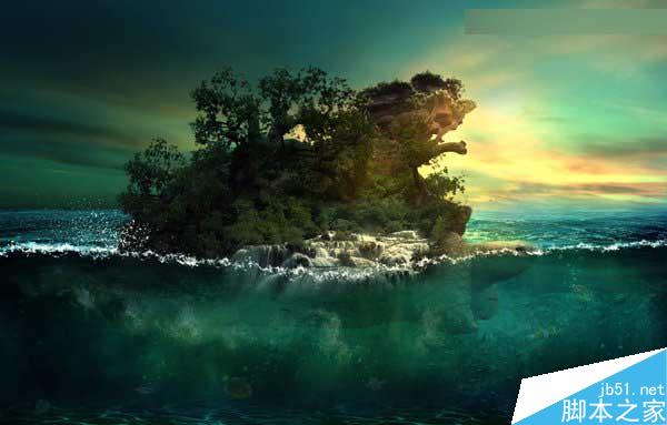 Photoshop合成海洋巨龟驮着岛在水上漂浮的效果图