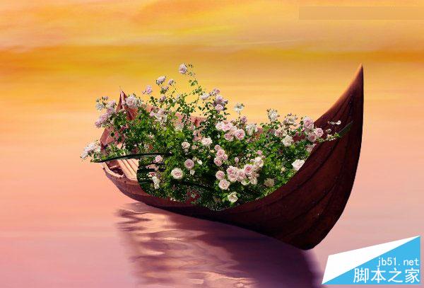 Photoshop合成梦幻风格湖载满鲜花的湖中小舟场景图