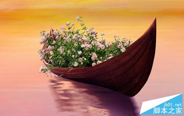 Photoshop合成梦幻风格湖载满鲜花的湖中小舟场景图
