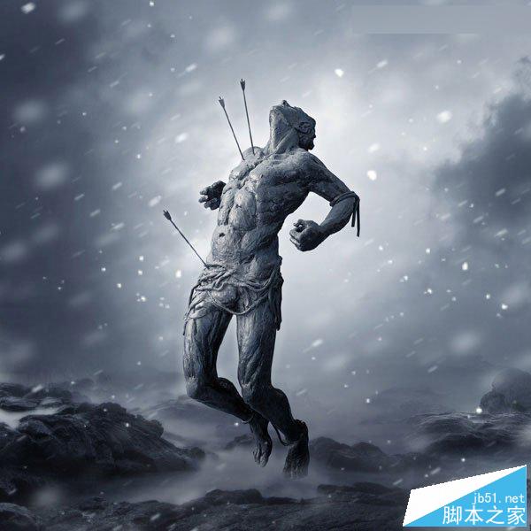 Photoshop合成暴风雪中被射杀的勇士雕塑悲壮场景