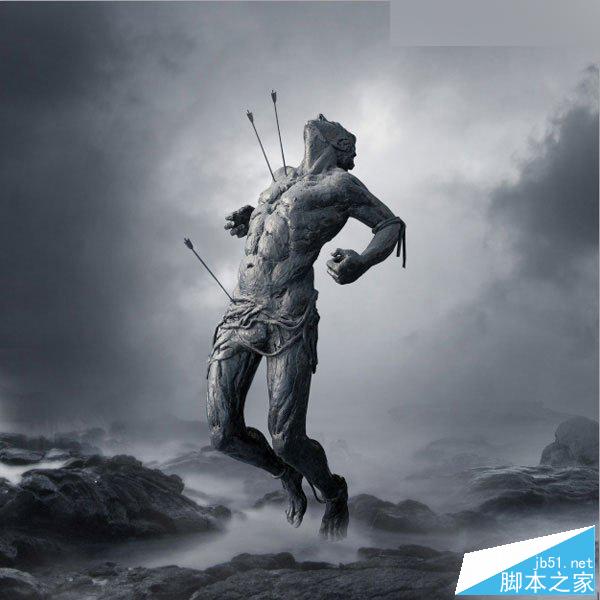 Photoshop合成暴风雪中被射杀的勇士雕塑悲壮场景