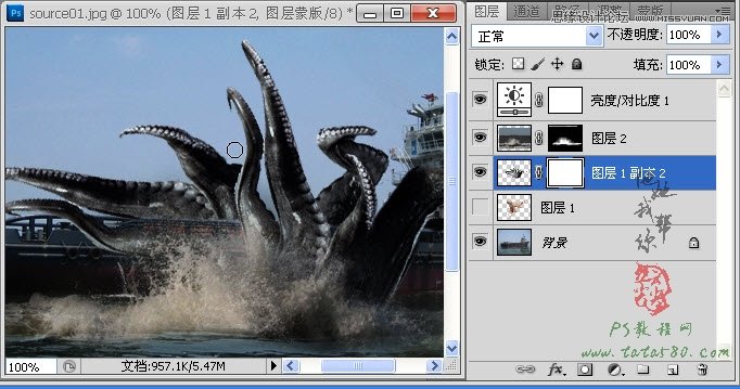 Photoshop合成史前大章鱼袭击轮船效果