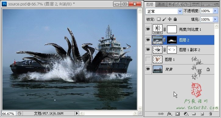 Photoshop合成史前大章鱼袭击轮船效果