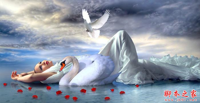 photoshop合成制作浮在水面的天鹅与美女场景