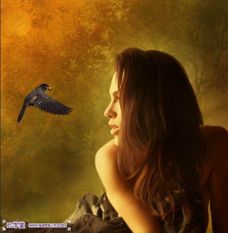 photoshop合成森林中美女与小鸟沟通的场景