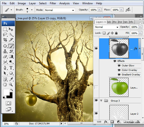 photoshop合成制作出结满金苹果的梦幻古树