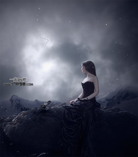 photoshop合成制作出夜空下呆坐在岩石上眺望远方的美女图片