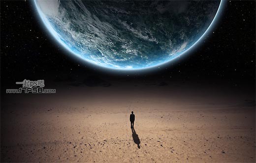 photoshop设计合成超自然孤独男人欣赏星球的场景
