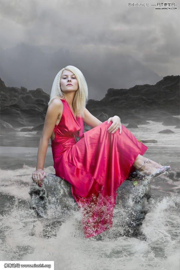 Photoshop合成制作梦幻的海边在坐岩石上的美女图片教程