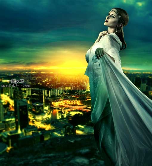 photoshop合成制作出站在城市高处美女图片