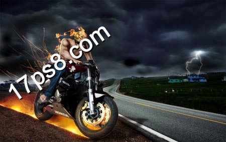 photoshop合成制作出地狱骑士在马路上飞奔的电影海报