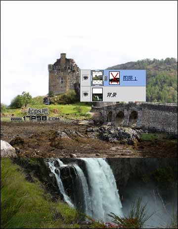 photoshop合成制作出瀑布旁边矗立着美丽的城堡