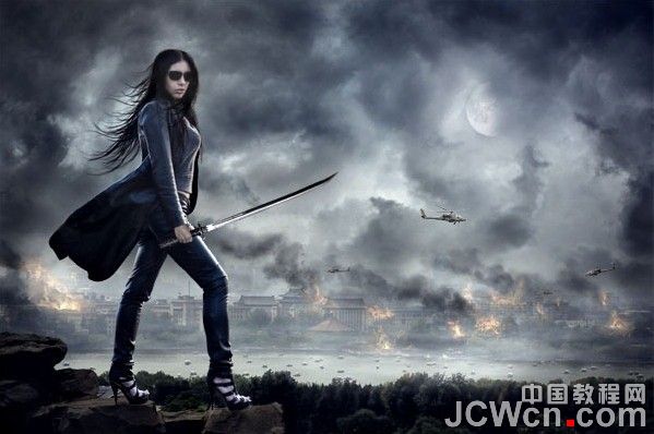 photoshop合成战火中超酷的女刀客效果