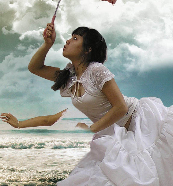 photoshop经典合成海边带伞飞翔的仙女