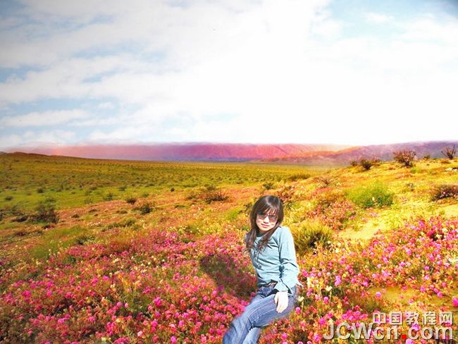 photoshop 坐在绚丽野花中的女孩合成方法