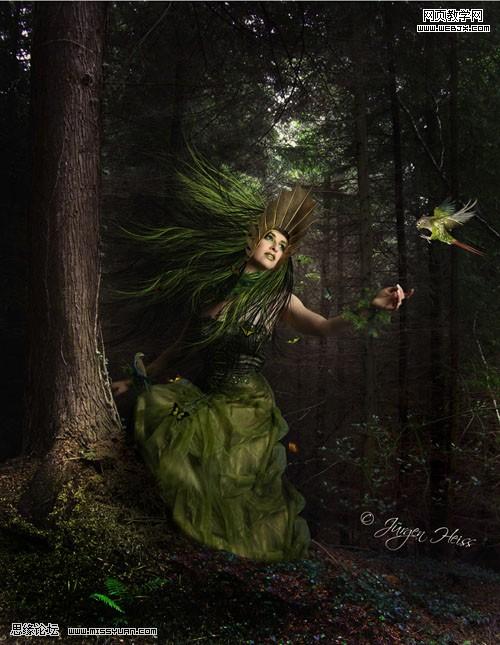 photoshop 创意合成教程 幽暗森林里的绿色魔女