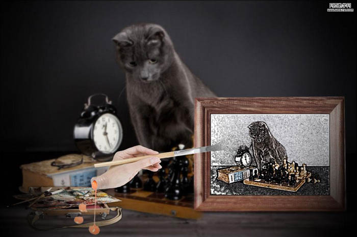 photoshop 合成给小猫绘制素描的现场图片