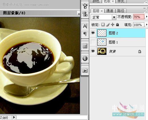 photoshop 合成一杯盛有世界地图的咖啡