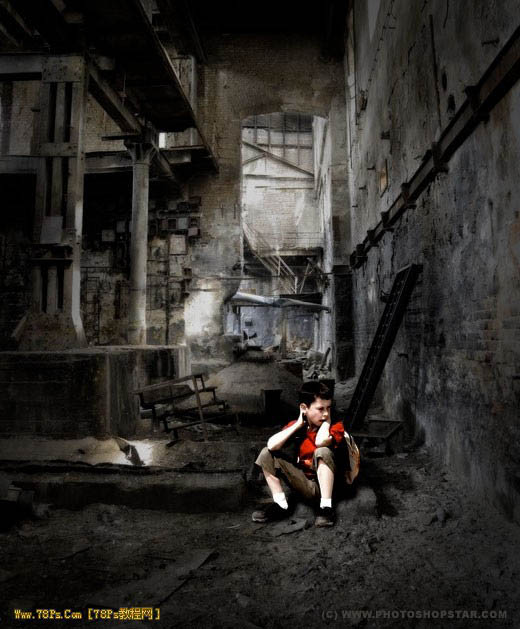 photoshop 合成静坐在废墟的小男孩