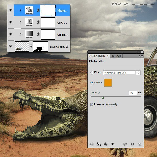 Photoshop创意合成沙漠上行走的鳄鱼汽车教程
