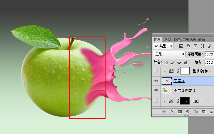 Photoshop创意合成青苹果被液体喷溅打散效果教程