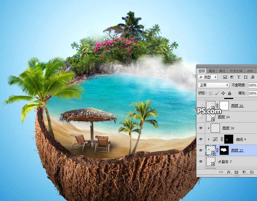 Photoshop创意合成椰子中的夏季海岛风景图片教程
