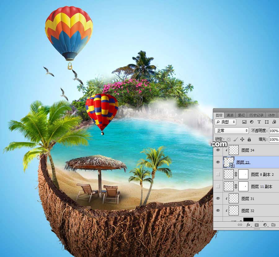 Photoshop创意合成椰子中的夏季海岛风景图片教程