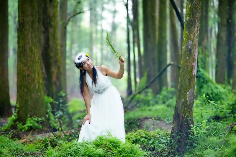 ps把森林中穿着白色婚纱的美女人物调出中性青蓝色效果教程