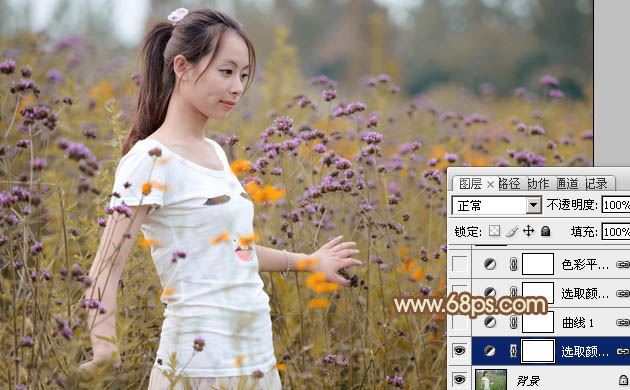 ps把野花丛中的美女照片调出淡褐色的韩系效果教程