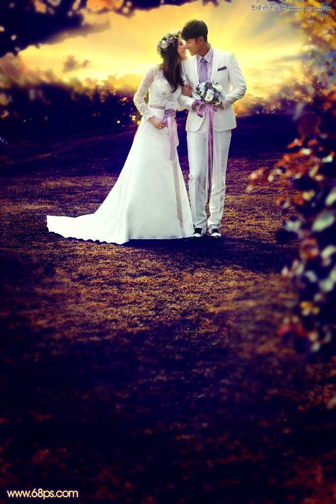Photoshop调出梦幻紫色效果的外景婚纱照片