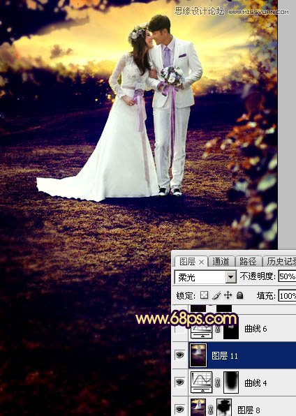Photoshop调出梦幻紫色效果的外景婚纱照片
