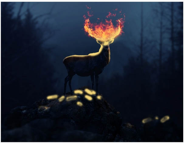 PS合成黑暗森林中的火焰鹿王