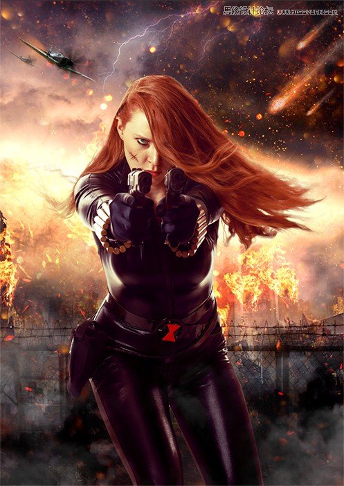 Photoshop合成中的双手拿枪的女战士
