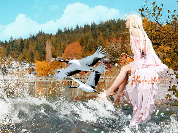 PS创意合成秋季森林公园里戏水的美女图