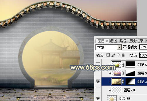 Photoshop合成唯美的江南古典园林拱门美景教程