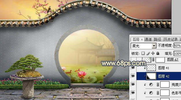 Photoshop合成唯美的江南古典园林拱门美景教程