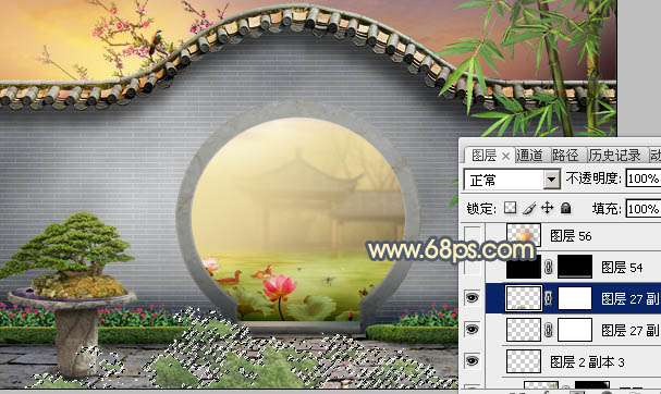 Photoshop合成唯美的江南古典园林拱门美景教程