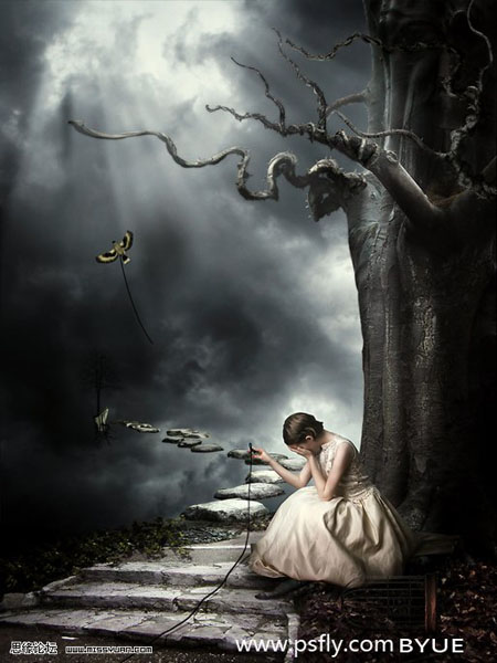 PS合成恐怖黑夜里在大树底下哭泣的女孩照片