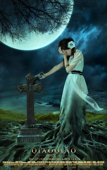 PS合成黑夜中在墓地里哭泣的静坐美女