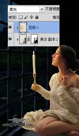 Photoshop合成蹲在窗户边上拿着蜡烛美女夜景