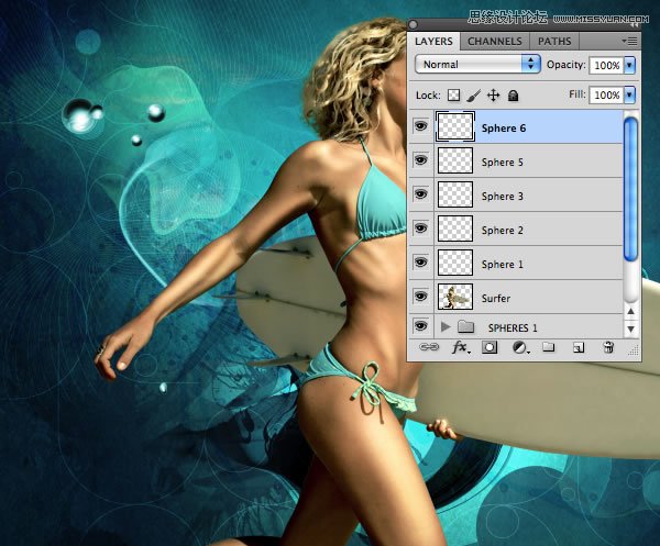 Photoshop合成从水花中冲出抱着滑板的海边美女