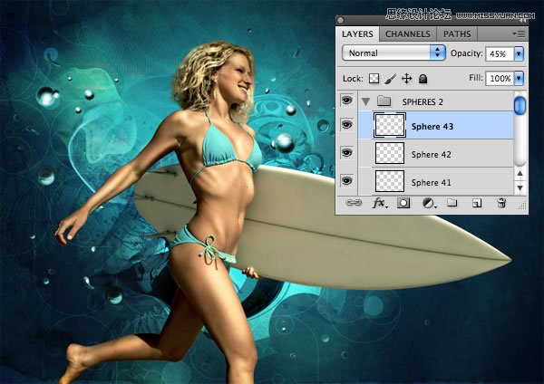 Photoshop合成从水花中冲出抱着滑板的海边美女