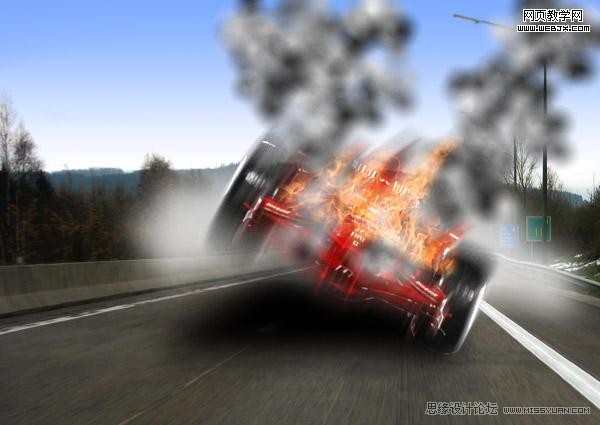 Photoshop合成一辆着火且冒烟雾的F1赛车