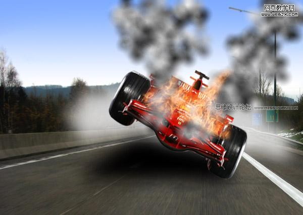 PS合成一辆着火且冒烟雾的F1赛车