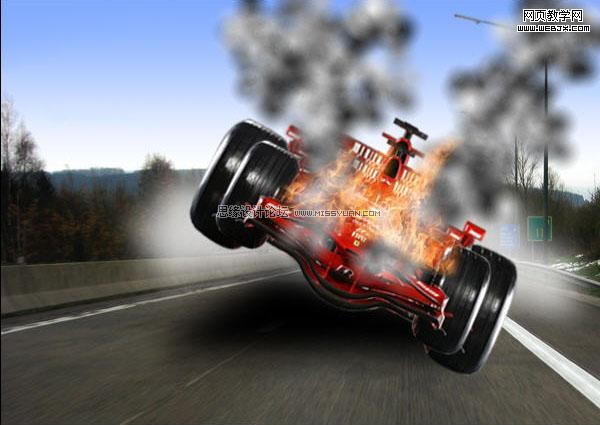 PS合成一辆着火且冒烟雾的F1赛车