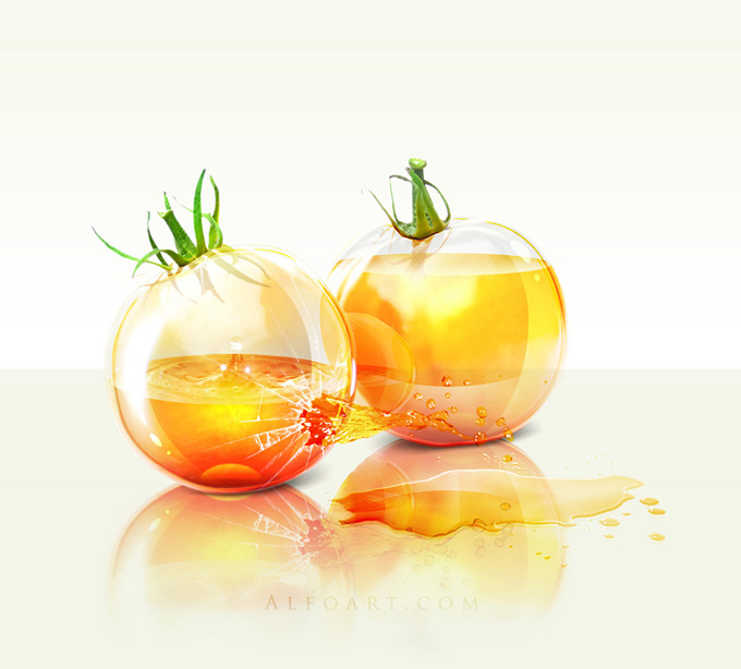 PS合成装满液体的玻璃光泽西红柿