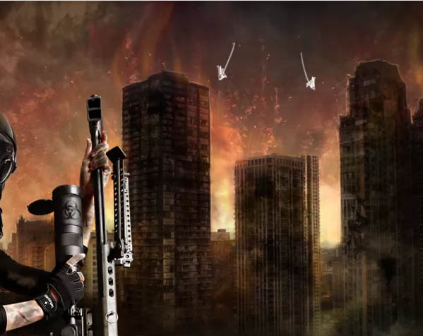 PS合成科幻战争片中的硝烟弥漫人物城市场景