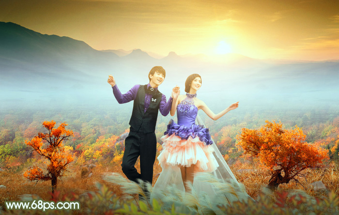 Photoshop合成唯美梦幻的的秋季婚片