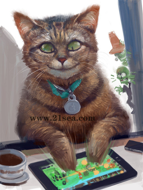 painter绘制正在玩ipad游戏的猫咪