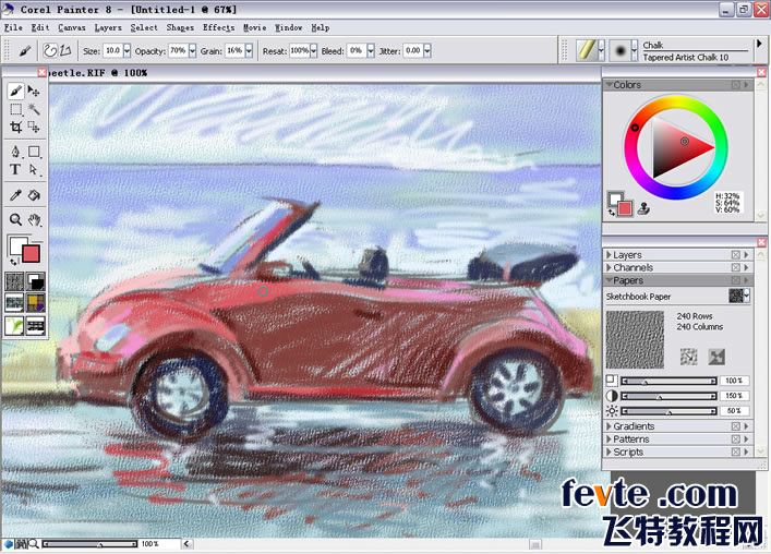 运用Painter Chalk（色粉笔）绘制敞篷甲壳虫 软件云 painter教程
